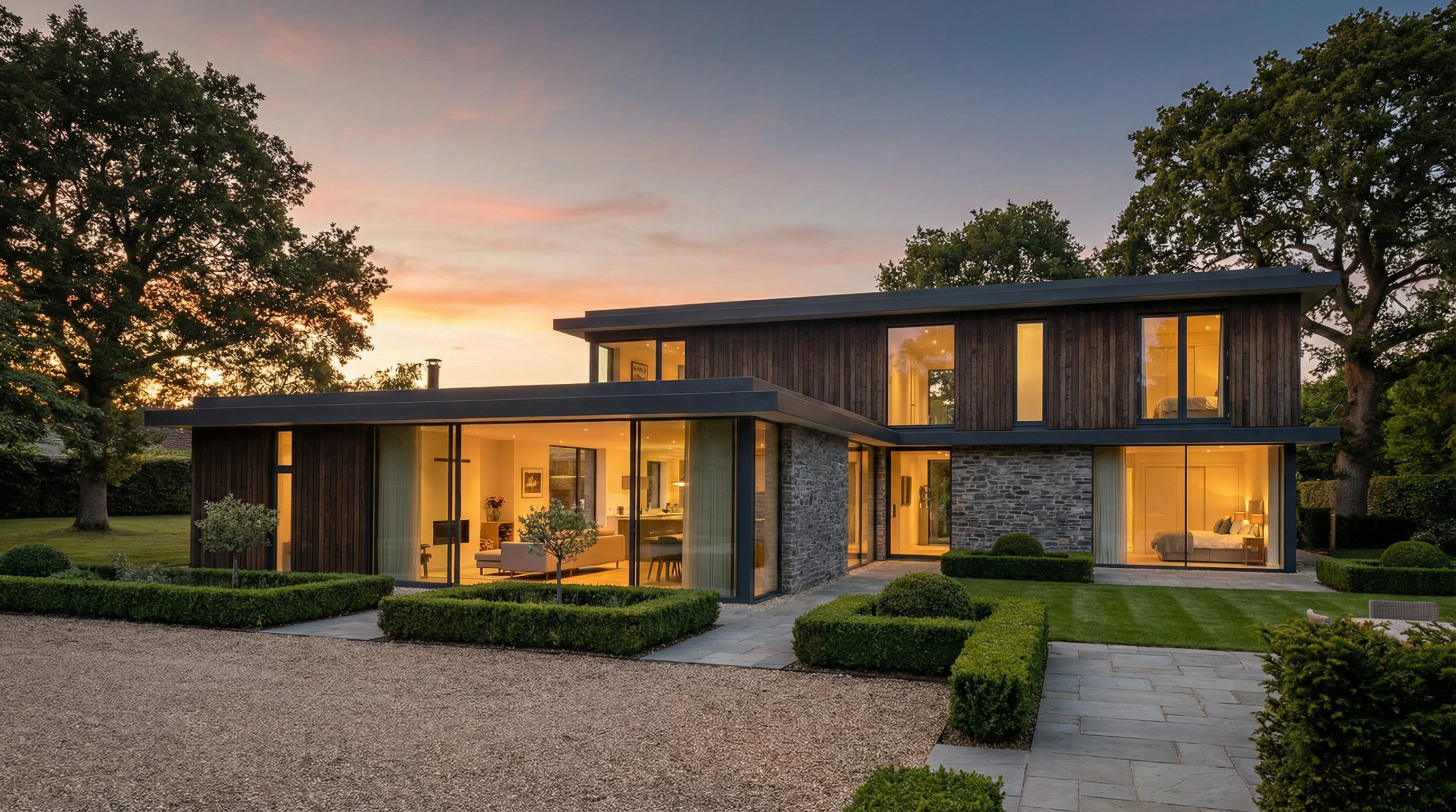 Modern family home at golden hour